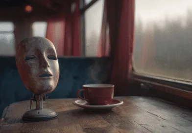 Midcent: En mystisk mask står på ett tågbord bredvid en rykande kopp kaffe. Det dämpade ljuset och den dimmiga bakgrunden skapar en stämningsfull atmosfär. Kategori: Underhållning.