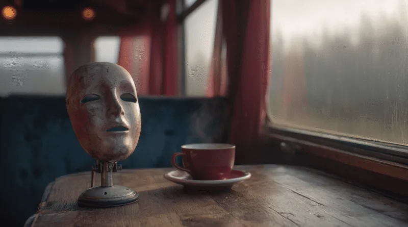 Midcent: En mystisk mask står på ett tågbord bredvid en rykande kopp kaffe. Det dämpade ljuset och den dimmiga bakgrunden skapar en stämningsfull atmosfär. Kategori: Underhållning.