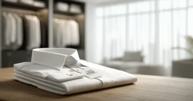 Midcent presenterar en stilren, vit business-skjorta med perfekt skärning, liggande på ett bord. Den eleganta klädkollektionen i bakgrunden förstärker känslan av exklusiv modeupplevelse. Kategori: Mode.