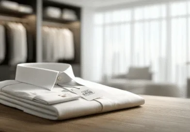 Midcent presenterar en stilren, vit business-skjorta med perfekt skärning, liggande på ett bord. Den eleganta klädkollektionen i bakgrunden förstärker känslan av exklusiv modeupplevelse. Kategori: Mode.