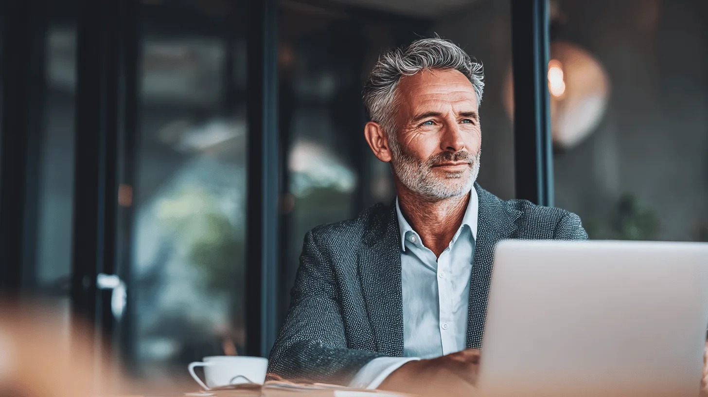 En medelålders man sitter vid en dator, omgiven av en modern och stilren miljö. Perfekt för att illustrera affärssuccé och professionell utveckling. Midcent Ekonomi.