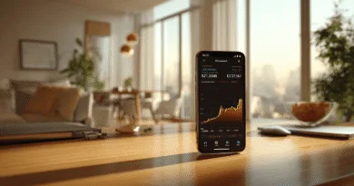 Midcent bild visar en smartphone på ett bord i ett modernt vardagsrum, med en börsgrafik på skärmen. Ljusa, eleganta omgivningar förstärker känslan av framgång. Perfekt för investering och teknik.Kategori: Ekonomi.