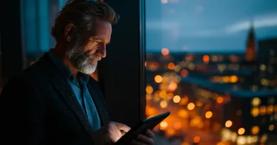 Midcent fokuserar på den moderna livsstilen med en medelålders man som arbetar vid fönstret. Den nattsynliga staden ger en inspirerande bakgrund. Upptäck trender inom teknik och affärsmöjligheter.Kategori: Teknik.