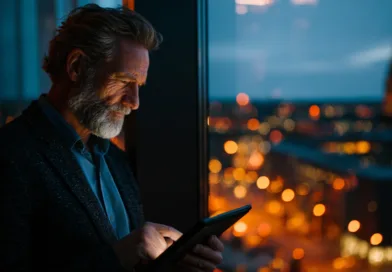 Midcent fokuserar på den moderna livsstilen med en medelålders man som arbetar vid fönstret. Den nattsynliga staden ger en inspirerande bakgrund. Upptäck trender inom teknik och affärsmöjligheter.Kategori: Teknik.