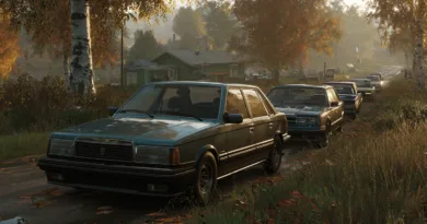 Midcent – Vintagebilar i höstlandskap nära landsbygd med trädkantade vägar. Perfekt för bilentusiaster som älskar