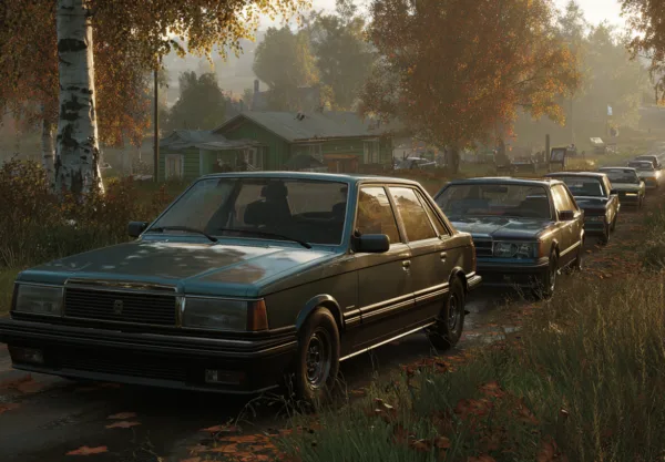 Midcent – Vintagebilar i höstlandskap nära landsbygd med trädkantade vägar. Perfekt för bilentusiaster som älskar