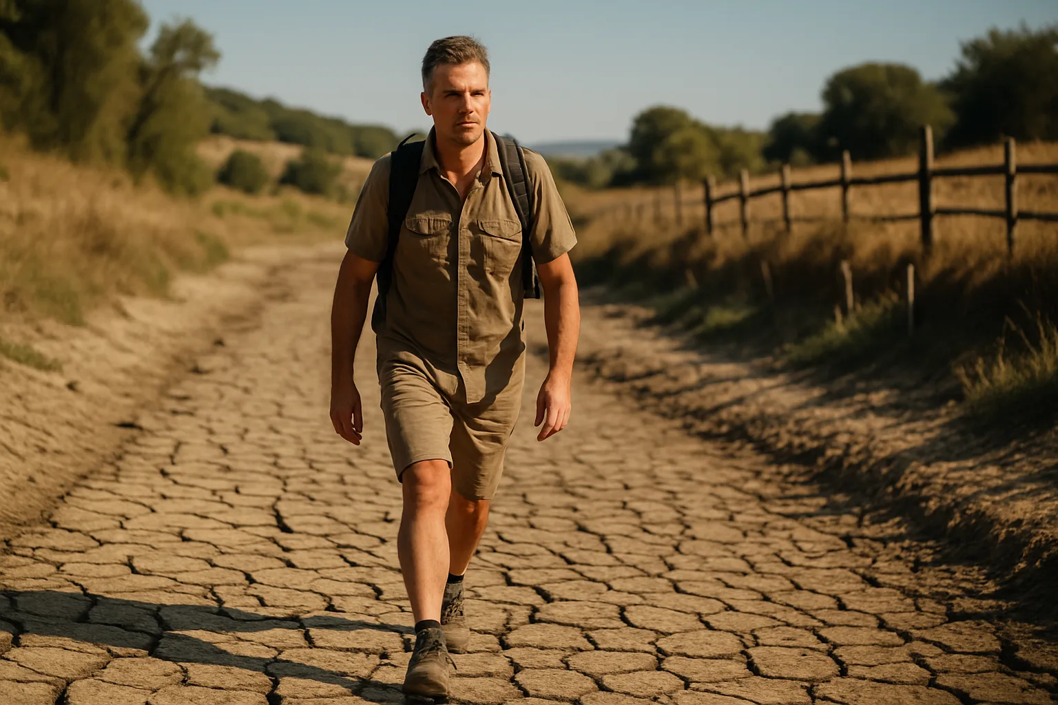 Midcent: En medelålders man vandrar längs en torr landsväg med ryggsäck under en klar himmel. Naturens enkelhet och äventyrslust lyfts fram i den karga och vidsträckta omgivningen. Kategori: Resa.