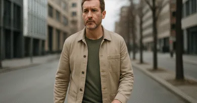 Midcent: En medelålders man promenerar längs en stadsboulevard. Klädd i en beige jacka och grön tröja, omgiven av moderna byggnader och träd. Bilden utstrålar urban stil och reflekterar cityliv. Kategori: Samhälle.