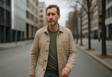 Midcent: En medelålders man promenerar längs en stadsboulevard. Klädd i en beige jacka och grön tröja, omgiven av moderna byggnader och träd. Bilden utstrålar urban stil och reflekterar cityliv. Kategori: Samhälle.