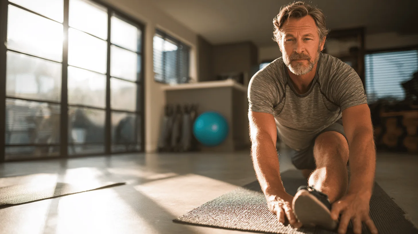 En medelålders man tränar stretching hemma, fokuserad på hälsa och välmående. Ljuset och miljön skapar en harmonisk stämning i sitt träningsutrymme. Midcent. Kategori: Hälsa.