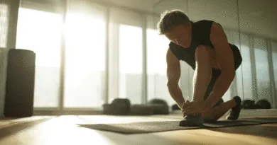 Midcent | En medelålders man stretchar i ett gym med soligt ljus. Fokus på hälsa och välmående genom stretching och träning för en aktiv livsstil. Kategori: Hälsa.