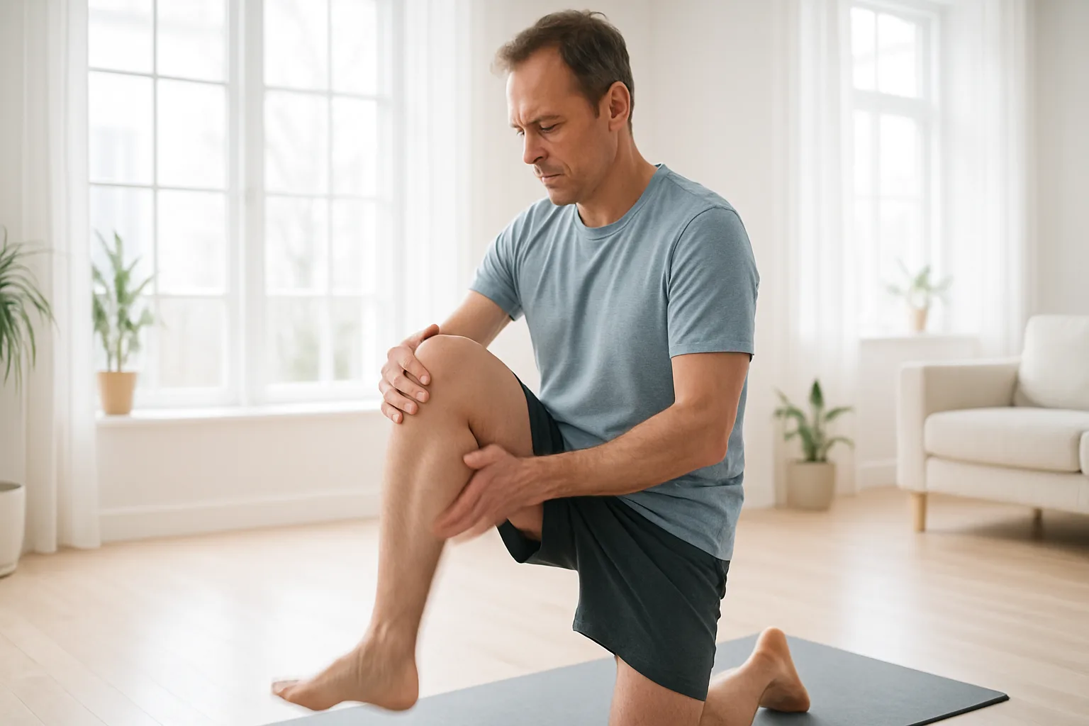 Midcent: En medelålders man stretchar sitt knä i en ljus, lugn inomhusmiljö, klädd i träningskläder. Hälsosamt fokus på ledhälsa och fysisk välmående genom stretching och träning. Kategori: Hälsa.