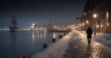 Midcent: En medelålders man promenerar längs en snötäckt kaj i en upplyst hamn på kvällen. Segelfartyget i bakgrunden förstärker den vintriga atmosfären. Staden glittrar med sina lampor i fjärran. Resa.
