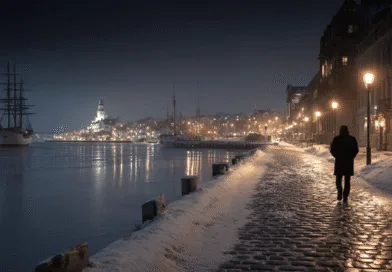 Midcent: En medelålders man promenerar längs en snötäckt kaj i en upplyst hamn på kvällen. Segelfartyget i bakgrunden förstärker den vintriga atmosfären. Staden glittrar med sina lampor i fjärran. Resa.