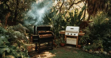 Midcent - Utomhusgrillning i lummig trädgård med moderna och rustika grillar omgivna av grönska. Perfekt för sommarens kulinariska upplevelser och avkoppling i naturen.Kategori: Mat.