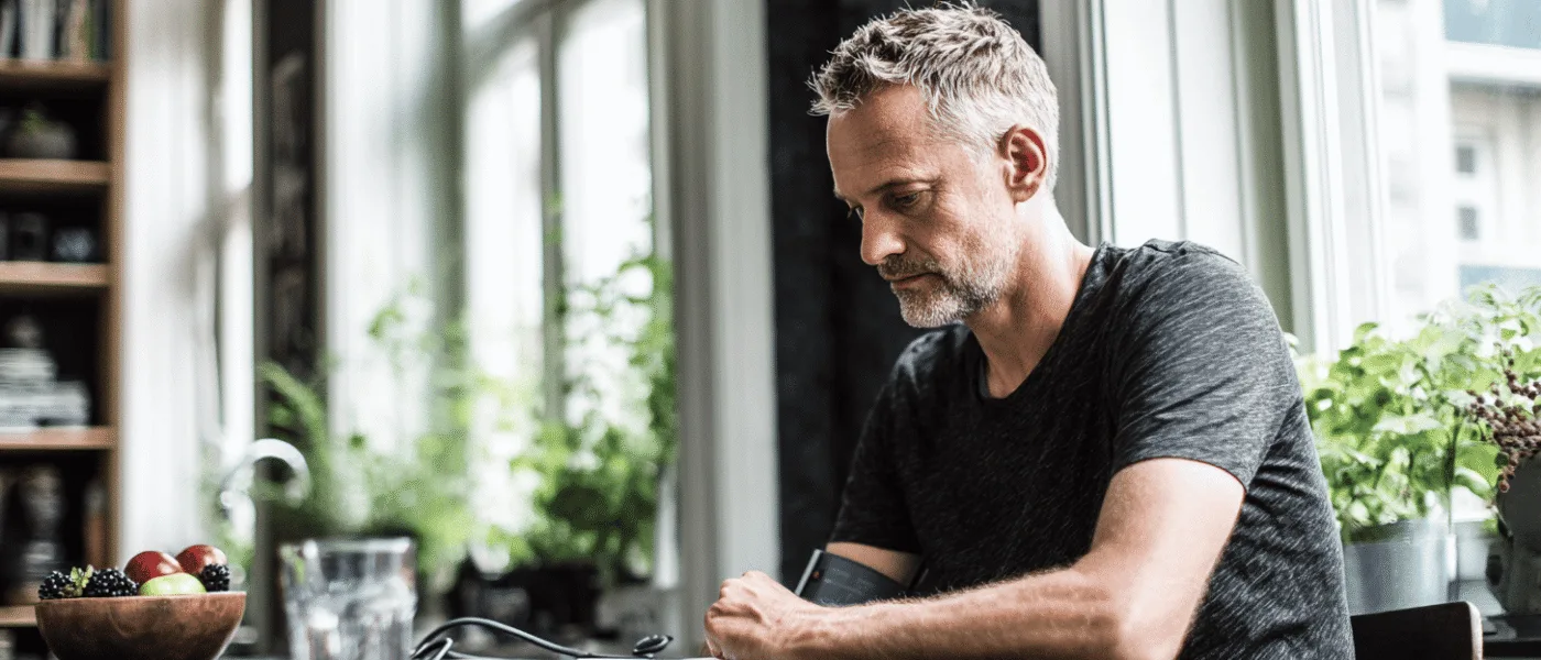 Midcent: En medelålders man sitter vid ett bord i ett ljust rum och fokuserar på en blodtrycksmätare omgiven av grönska och frukt. Hälsa.