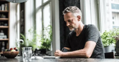 Midcent: En medelålders man sitter vid ett bord i ett ljust rum och fokuserar på en blodtrycksmätare omgiven av grönska och frukt. Hälsa.