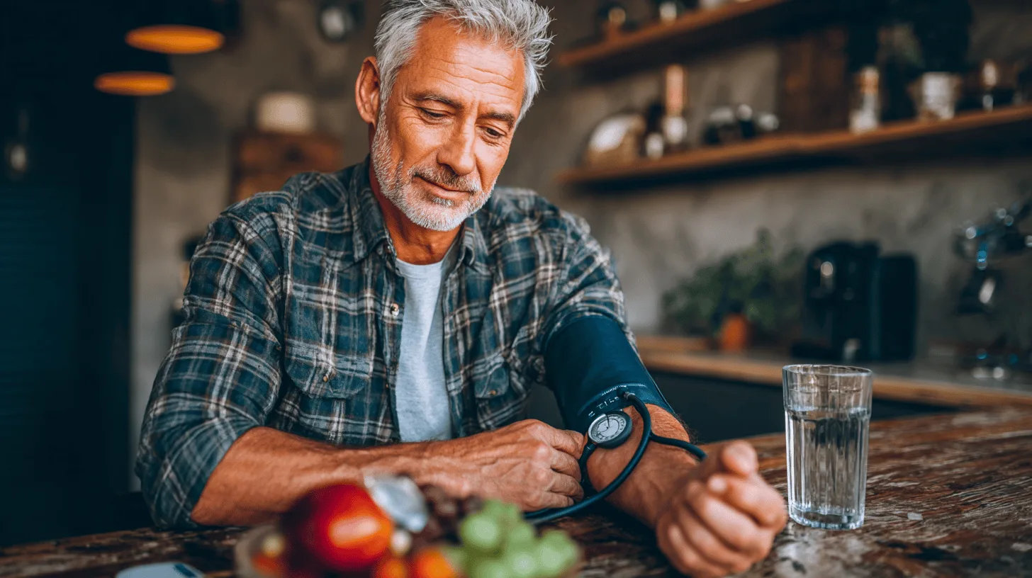 Midcent: En medelålders man i avslappnad miljö mäter sitt blodtryck hemma med fokus på hälsa och välmående. Enkla testningar i hemmet kan bidra till att övervaka och förbättra personligt välbefinnande. Kategori: Hälsa.