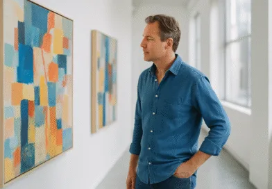 En medelålders man i en modern konstutställning studerar färgglada abstrakta målningar i ett ljusfyllt galleri. Han bär en blå skjorta och visar ett intresse för konst och kultur. Midcent. Underhållning.