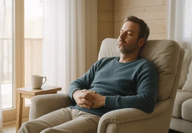 Midcent: En medelålders man sitter avslappnat i en fåtölj, blundar och njuter av lugnet i ett träinrett rum med naturligt ljus. En mugg står på ett bord bredvid. Hälsa.