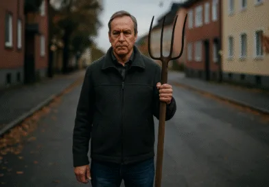 Midcent: En medelålders man håller en högaffel och gestikulerar kraftfullt på en lugn gata i ett svenskt bostadsområde. Han ser upprörd ut, vilket ger scenen en känsla av dramatik. Samhälle.