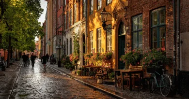 Midcent fångar en charmig kullerstensgata med blomsterprydda fasader och människor som promenerar i solnedgångens sken. Gatan bjuder på historisk atmosfär och lantlig skönhet. Perfekt för den som söker en genuin stadsupplevelse. Resa.