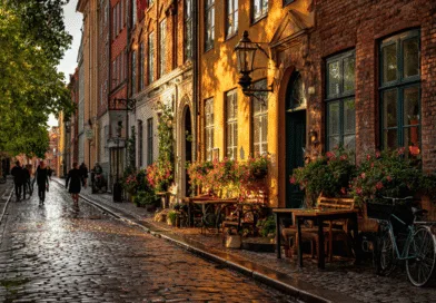 Midcent fångar en charmig kullerstensgata med blomsterprydda fasader och människor som promenerar i solnedgångens sken. Gatan bjuder på historisk atmosfär och lantlig skönhet. Perfekt för den som söker en genuin stadsupplevelse. Resa.