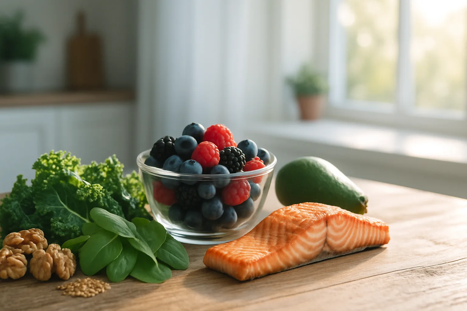 Midcent presenterar en färgglad bild av nyttiga ingredienser: lax, bär, nötter och avokado. Perfekta för hälsosamma måltider, dessa superfoods stödjer både smak och välmående. En inspirerande samling för hälsoentusiaster. Kategori: Mat