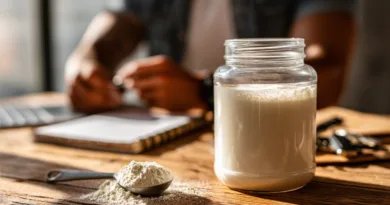 Midcent - En burk med proteinpulver på ett träbord, omgiven av en skopa pulver och bärbar dator. Morgonljus skapar en hälsosam atmosfär, perfekt för näring och kost. En medelålders man i bakgrunden fokuserar på anteckningar. K