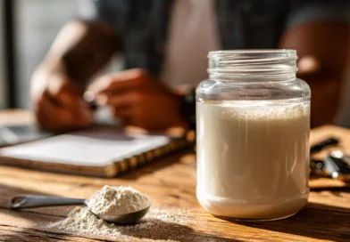 Midcent - En burk med proteinpulver på ett träbord, omgiven av en skopa pulver och bärbar dator. Morgonljus skapar en hälsosam atmosfär, perfekt för näring och kost. En medelålders man i bakgrunden fokuserar på anteckningar. K