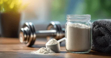 Midcent: Bilden visar en glasburk med proteinpulver, en skopa och en hantel i bakgrunden, vilket symboliserar träning och hälsa. Perfekt för aktiva individer som fokuserar på kosttillskott och styrketräning. Kategori: Hälsa.