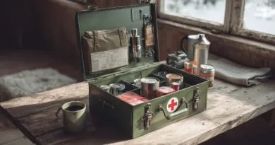 Midcent Första hjälpen-låda: En rustik scen med en välfylld första hjälpen-låda på ett träbord i en stuga. Perfekt för