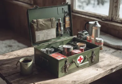 Midcent Första hjälpen-låda: En rustik scen med en välfylld första hjälpen-låda på ett träbord i en stuga. Perfekt för