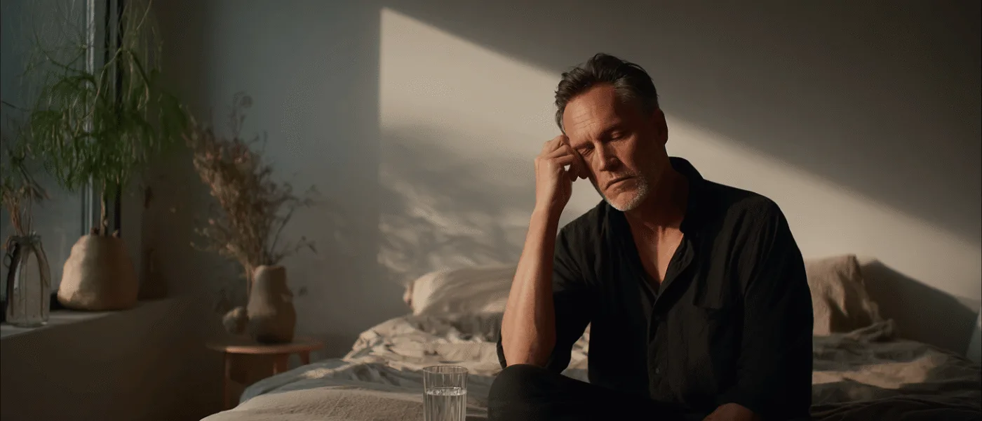 Midcent: En medelålders man sitter tankfullt på en säng med ett glas vatten bredvid sig i ett solbelyst rum. Kategorin är Hälsa.