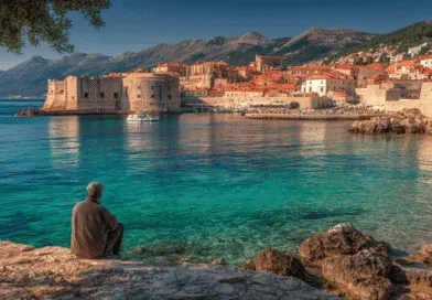 Midcent presenterar en medelålders man som blickar ut över det pittoreska landskapet vid kusten med turkost vatten och historiska byggnader i bakgrunden. En perfekt vy för dem som älskar att utforska vackra destinationer. Kategori: Resa.