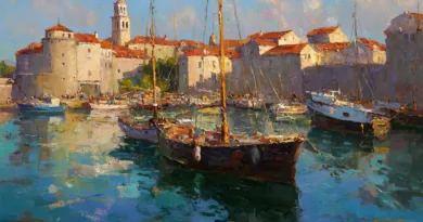 Midcent erbjuder en vacker skildring av en hamn med traditionella träbåtar och pittoreska byggnader. Den klara blåa vattnet och de solbelysta fasaderna skapar en inbjudande atmosfär. Kategori: Resa.