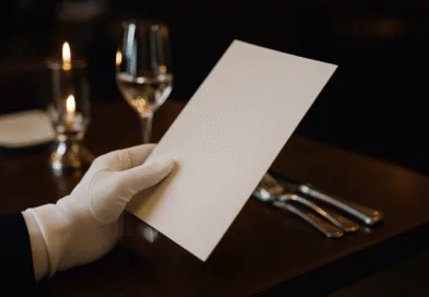 Midcent presenterar en elegant uppsättning med en vit handskbeklädd person som håller en tom meny. Den stämningsfulla belysningen och det dukade bordet skapar en exklusiv atmosfär. Kategori: Mat.