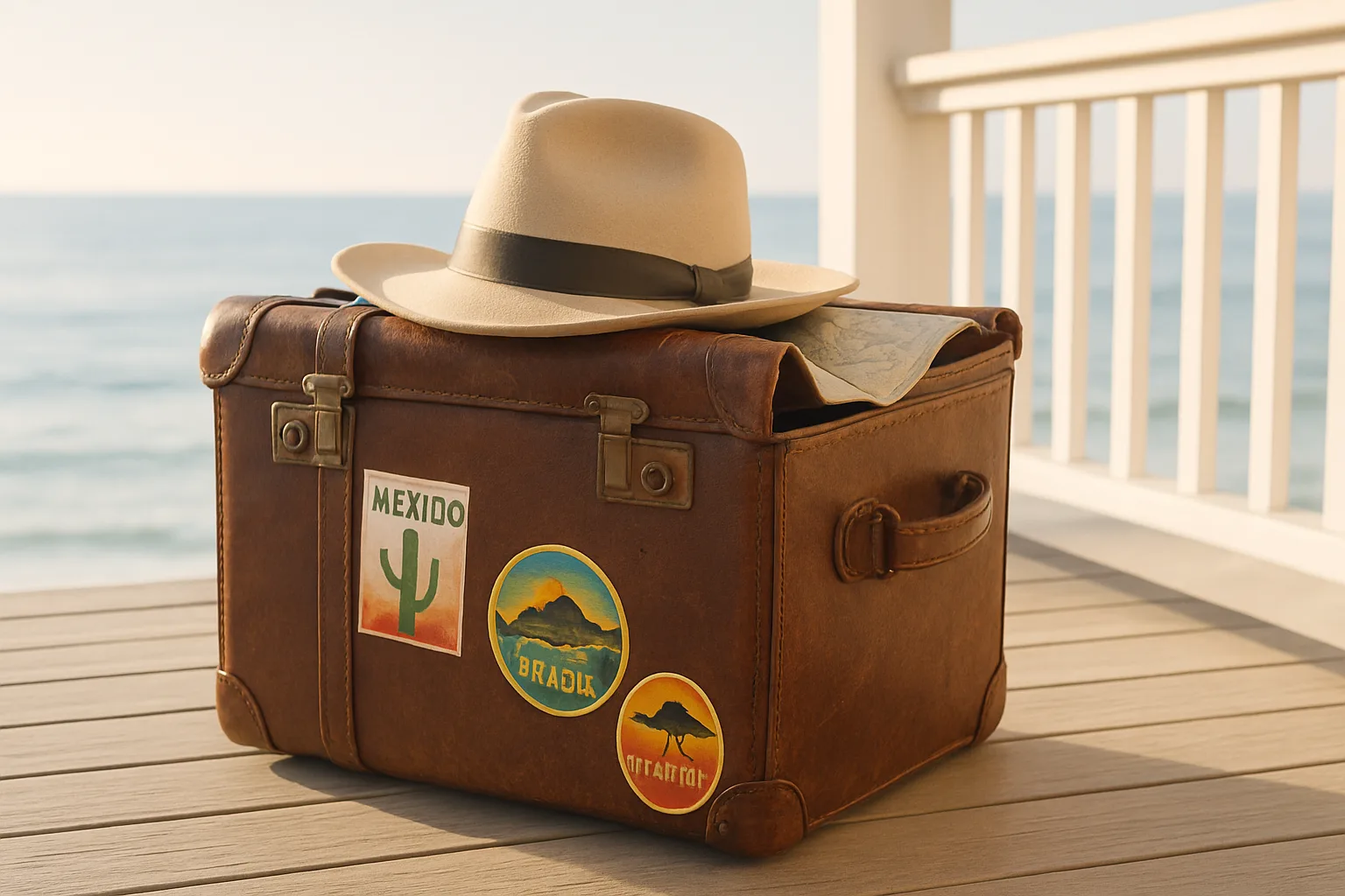 Midcent Resa: En stilren resväska med vintage-känsla pryds av märken från exotiska resmål som Mexiko och Brasilien. En elegant hatt vilar ovanpå, med en strand och hav som bakgrund. Perfekt för romantiska resor.