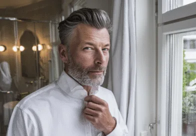 Midcent: En medelålders man i vitt skjorta justerar kragen i ett elegant badrum. Bilden fångar stil och självsäkerhet, med ljusinsläpp från fönstret. Perfekt för inrednings- eller livsstilsmagasin. Kategori: Samhälle