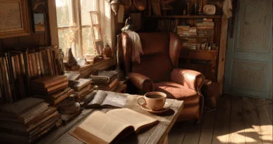 Midcent: Mysig läshörna med böcker och en kopp kaffe i charmig lantlig miljö. Perfekt för avkoppling och litterär inspiration. Kategorin är Underhållning.