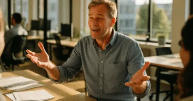 Midcent: En medelålders man engagerad i en diskussion på ett modernt kontor, omgiven av arbetskamrater och naturligt ljus. Perfekt exempel på en produktiv arbetsmiljö. Ekonomi.