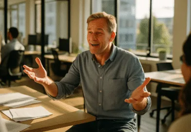 Midcent: En medelålders man engagerad i en diskussion på ett modernt kontor, omgiven av arbetskamrater och naturligt ljus. Perfekt exempel på en produktiv arbetsmiljö. Ekonomi.