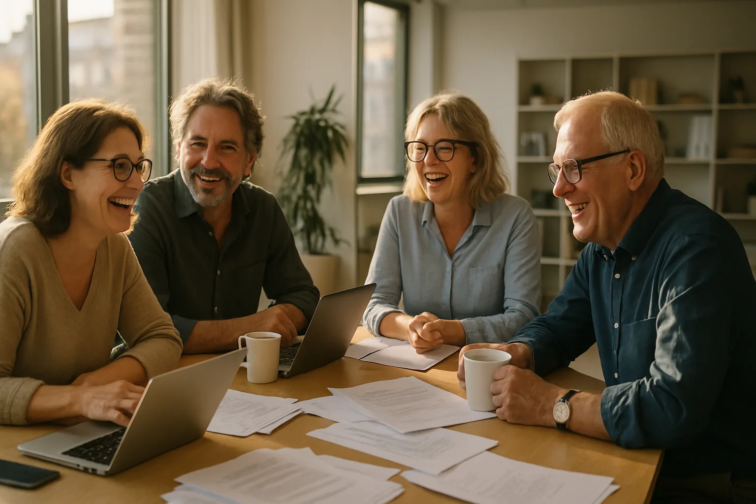 Midcent: En grupp medelålders personer i ett affärsmöte, skrattandes och diskuterandes dokument, omgivna av bärbara datorer och kaffekoppar i ett solbelyst kontor. Kategori: Ekonomi.