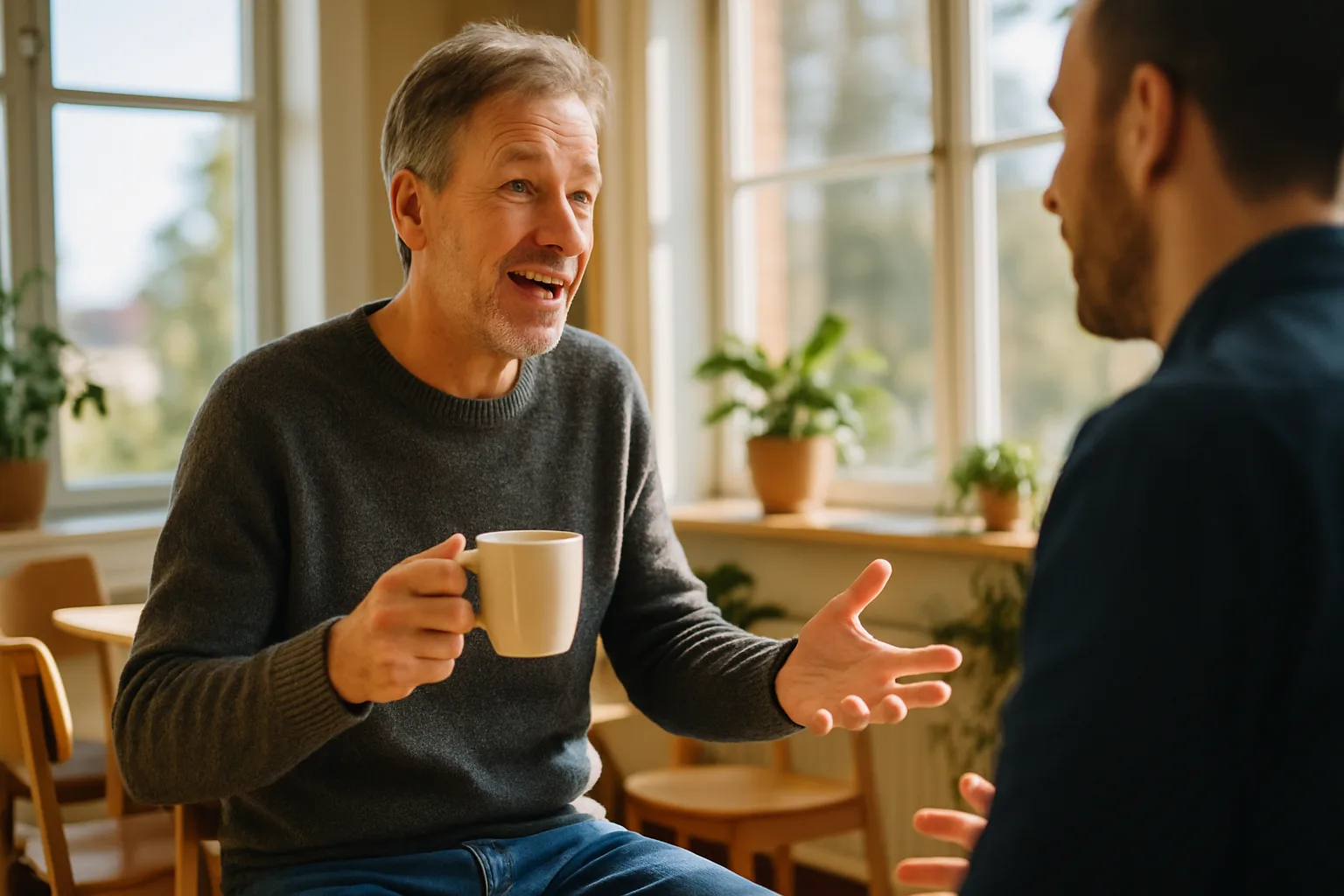 En medelålders man har ett engagerat samtal medan han håller en mugg i handen. Soligt rum med växter i bakgrunden. Nyckelord: Midcent, Samhälle.