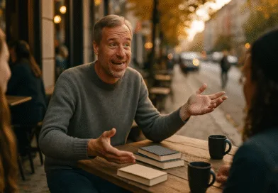 Midcent presenterar en medelålders man i en livlig konversation på ett kafé, omgiven av böcker och kaffekoppar. Perfekt för SEO inom kategorin Samhälle.