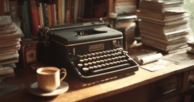 Midcent: En vintage skrivmaskin på ett träbord omgiven av böcker och tidningshögar, tillsammans med en kopp nybryggt kaffe. Perfekt för nostalgiker och författare som älskar den klassiska skrivkonsten. Kategori: Underhållning.