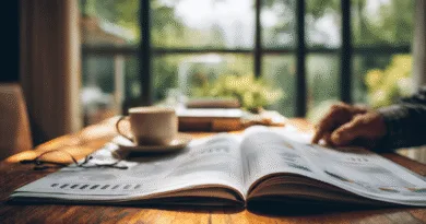 Midcent Ekonomi: En medelålders man sitter vid ett träbord med en kopp kaffe och läser en tidning fylld med diagram och statistik. Härlig belysning och utsikt över en grönskande trädgård ger en avslappnad atmosfär.