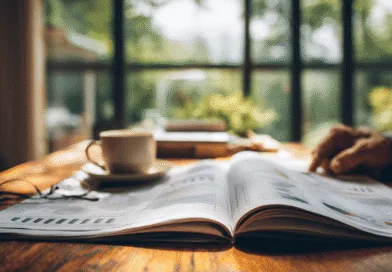 Midcent Ekonomi: En medelålders man sitter vid ett träbord med en kopp kaffe och läser en tidning fylld med diagram och statistik. Härlig belysning och utsikt över en grönskande trädgård ger en avslappnad atmosfär.