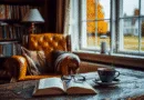 En mysig läshörna med en öppen bok, glasögon och en kopp kaffe på ett rustikt bord. Perfekt för avkopplande stunder. Höstlandskap utanför fönstret förstärker den hemtrevliga atmosfären. Midcent, Underhållning.