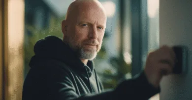 Midcent presenterar en medelålders man som justerar en termostat i en modern hemmamiljö. Energieffektivitet och smart teknik står i fokus. Teknik.